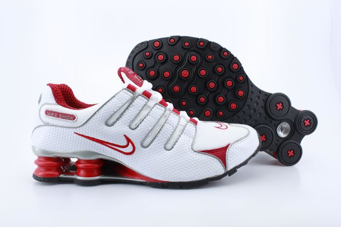 white and red nike shox